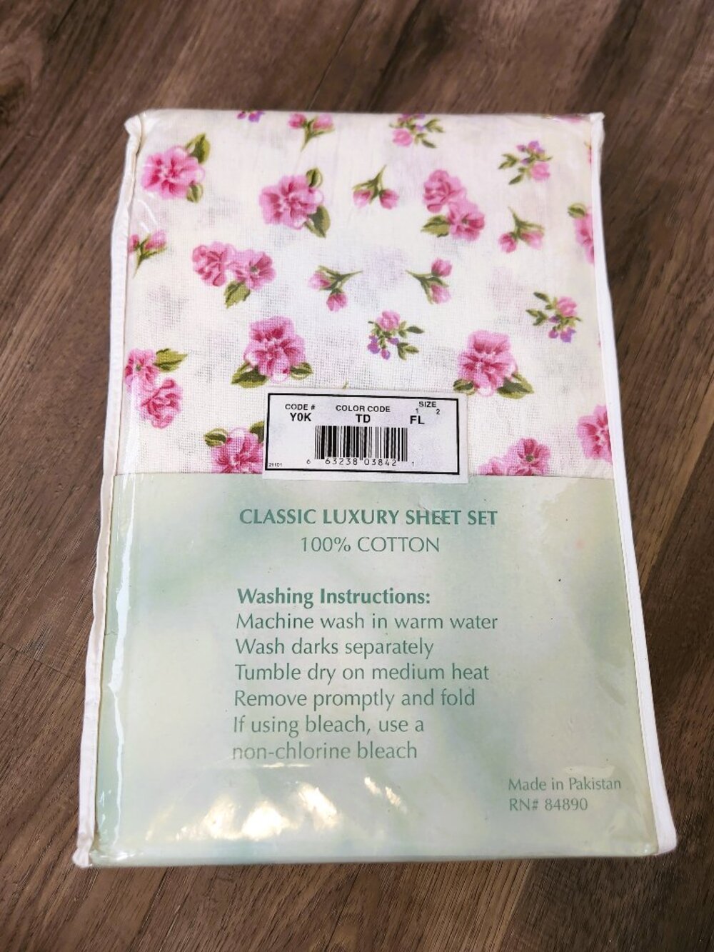 Vintage Haband Full Sheet Set 100% Cotton Pink Rose Floral NOS New Old Stock